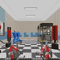 Activity Space With Red Punching Bags Blue Dummies Checkerboard Floor Beige Blue Walls And Glass Equipment