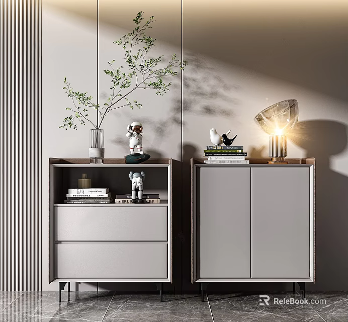 Modern Bedside Tables With Drawers Cabinet Doors Green Plant Table Lamp And Books 3d model 