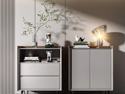 Modern Bedside Tables With Drawers Cabinet Doors Green Plant Table Lamp And Books 3d model