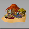 Colorful Market Stall Scene With Red Yellow Tents Pottery Baskets And Decorative Plants