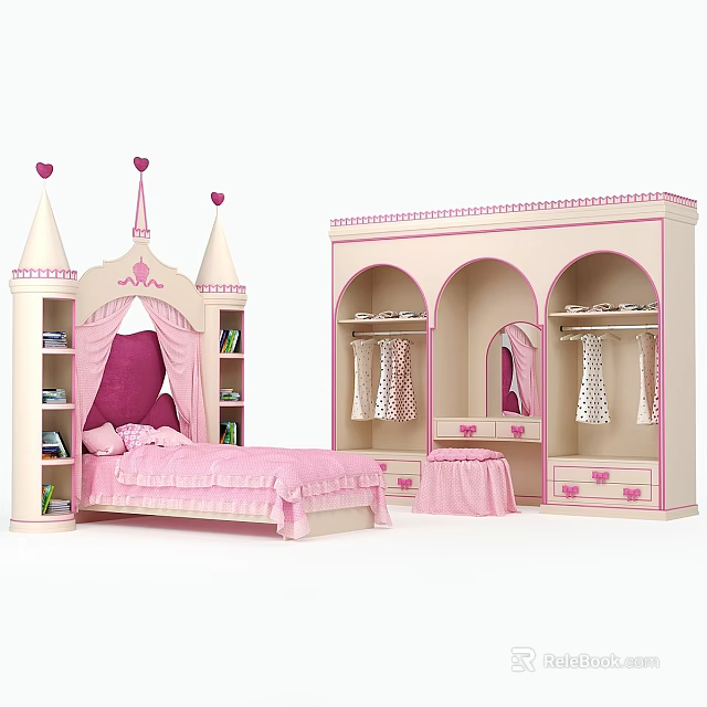 Pink Castle Shaped Kids Bed With Turrets Heart Decorations Wardrobe And Dresser 3d model 