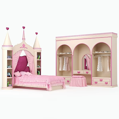 Pink Castle Shaped Kids Bed With Turrets Heart Decorations Wardrobe And Dresser 3d model