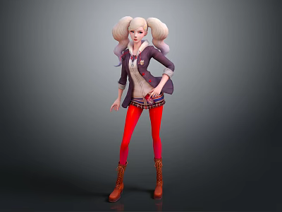 Blonde Twin Ponytail Character In Purple Coat Red Leggings With Brown Boots And Creature 3d model
