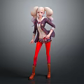 Blonde Twin Ponytail Character In Purple Coat Red Leggings With Brown Boots And Creature