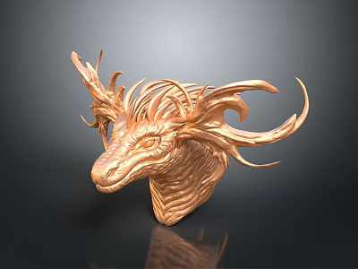 Golden Dragon Deer Head Sculpture Featuring Intricate Carving Details And Artistic Design 3d model