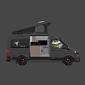 Modern Black Camper Van With Open Roof Top And Wooden Side Panel