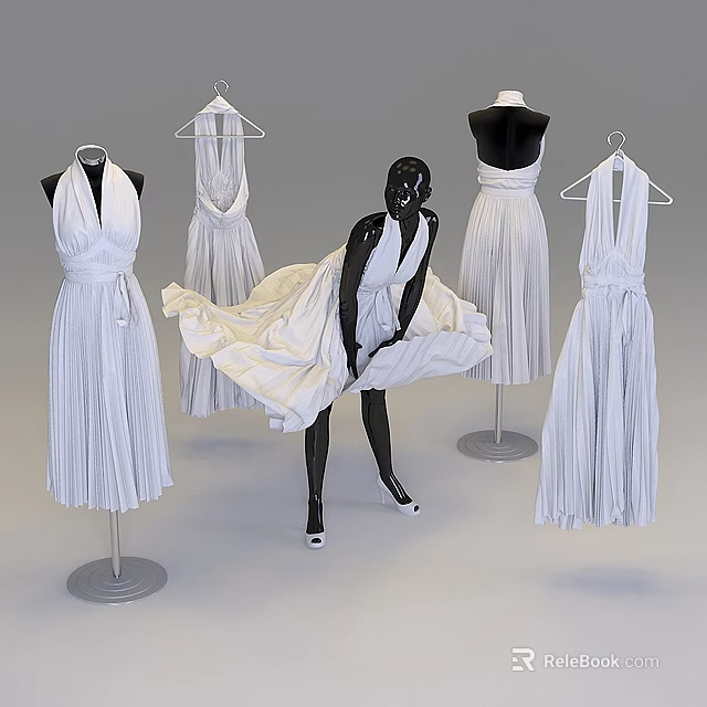 Model Wearing Long White Dress Showcasing Surrounding Long White Dresses on Hangers 3d model 