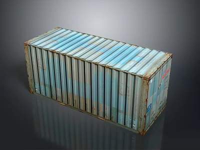Rusty Metal Shipping Container With Blue White Stripes And Rectangular Structure 3d model