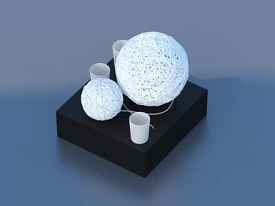 Two White Yarn Balls And Three Small Cups On Black Base Living Items 3d model