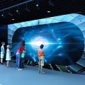 Cosmic Exhibition Hall With Gravitational Wave Theme Arched Entrance And Planet Models