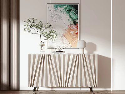 Contemporary Entryway Console Cabinet With Striped Design Green Plant And Artwork Decor 3d model