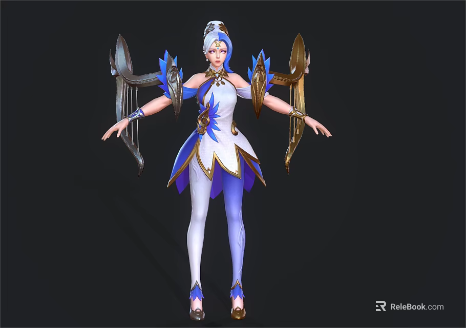 Fantasy Woman In Blue And White Outfit With Decorative Wings And Elegant Pose 3d model 