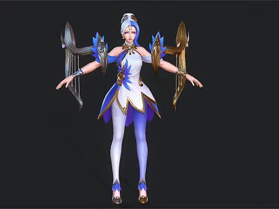 Fantasy Woman In Blue And White Outfit With Decorative Wings And Elegant Pose 3d model