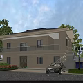Two Story Detached Villa Exterior With Front Garden Trees And Parked Cars