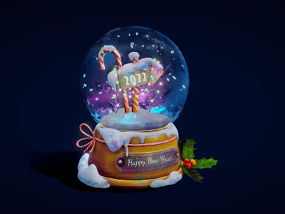 Decorative Ornament Set with Snow Globe Candy Cane 2023 Wooden Barrel Base Happy New Year 3d model
