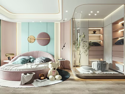 Cozy Kids Room Interior With Pink Round Bed Blue Gray Pillows And Stuffed Teddy Bear 3d model