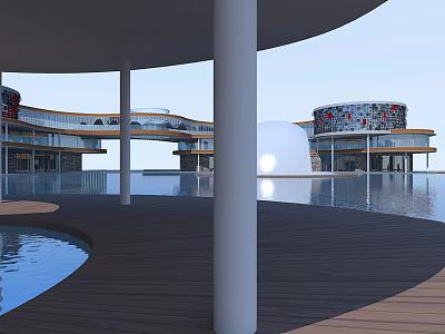 Modern Library Building With Circular Structure Glass Facade White Columns Water Pool And Wooden Deck 3d model