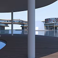 Modern Library Building With Circular Structure Glass Facade White Columns Water Pool And Wooden Deck