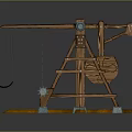 Historical Wooden Catapult Model Featuring Metal Components And Blue Accents Base