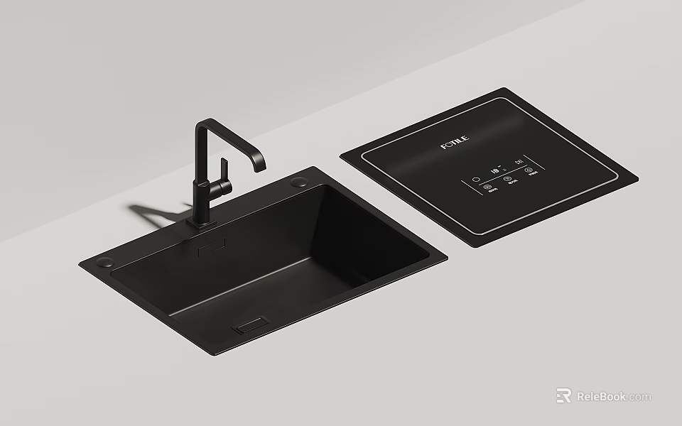 Modern Black Kitchen Sink With Faucet And Countertop Control Panel 3d model 