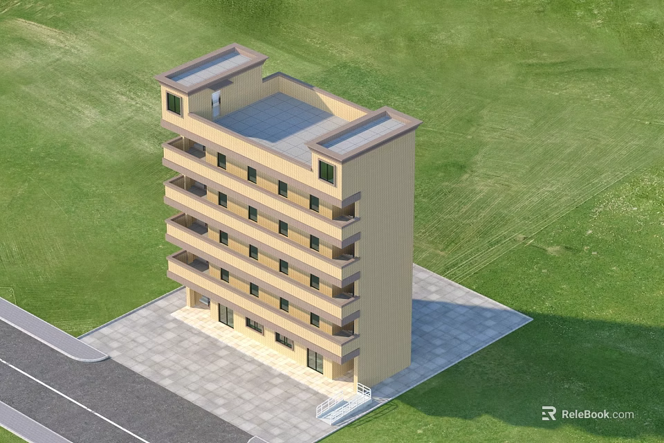 Multi Storey Residential Building With Beige Exterior Windows Balconies Green Lawn And Paved Area 3d model 