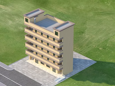 Multi Storey Residential Building With Beige Exterior Windows Balconies Green Lawn And Paved Area 3d model