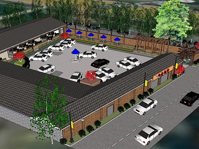 Traditional Guesthouse Building with Parking Lot Green Trees and Outdoor Seating Areas 3d model