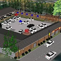 Traditional Guesthouse Building with Parking Lot Green Trees and Outdoor Seating Areas