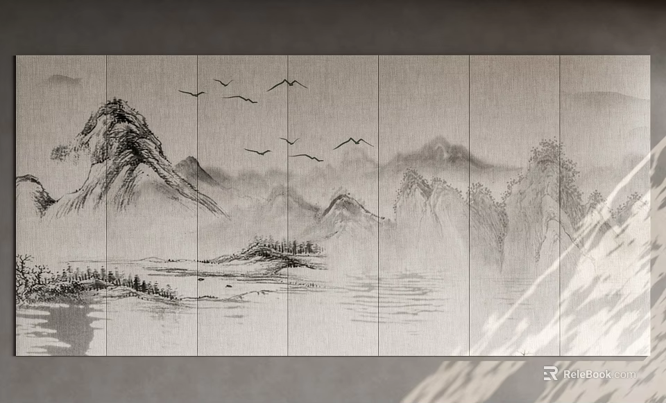 Ink Painting Style Background Wall With Mountains Water Surface And Flying Birds Natural Scenery Design 3d model 