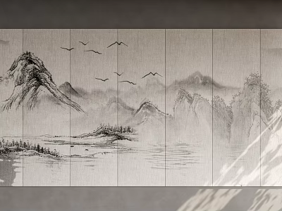 Ink Painting Style Background Wall With Mountains Water Surface And Flying Birds Natural Scenery Design 3d model