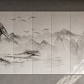 Ink Painting Style Background Wall With Mountains Water Surface And Flying Birds Natural Scenery Design