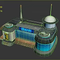 Cartoon Bank Scene With Blue Exterior Dome Antennas Round Devices And Wooden Floor