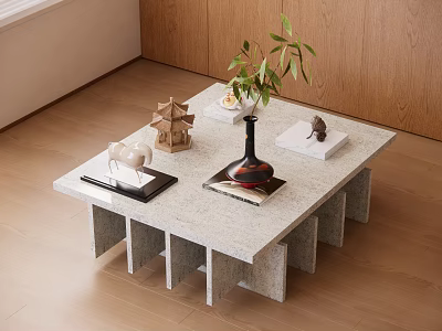 Minimalist Living Room Coffee Table With Stone Top Geometric Base And Decorative Plants Books Tray 3d model