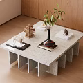 Minimalist Living Room Coffee Table With Stone Top Geometric Base And Decorative Plants Books Tray