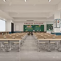 School Classroom Interior Design With Desks Chairs Blackboard And Bookshelves