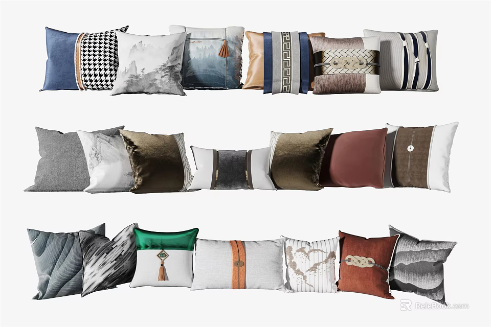 Decorative Throw Pillows With Various Patterns Colors And Textures For Living Room 3d model