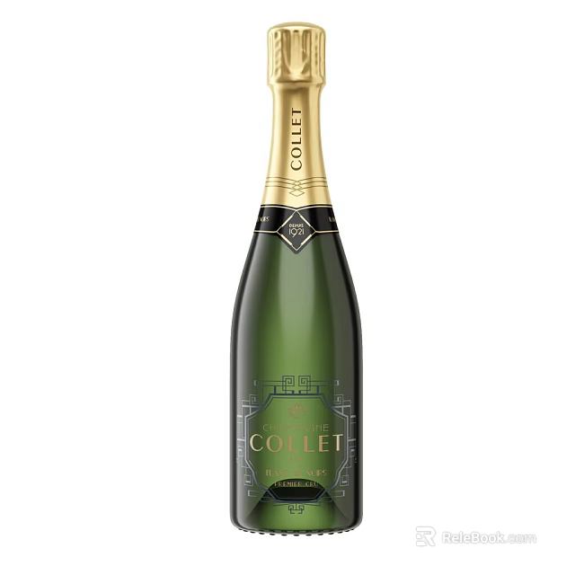 Colet Champagne Bottle And Wine Glass With Green Body And Gold Label Design 3d model 