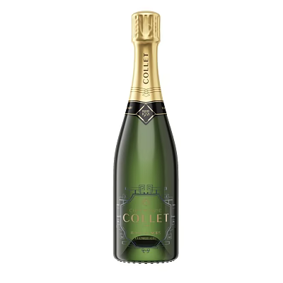 Colet Champagne Bottle And Wine Glass With Green Body And Gold Label Design 3d model