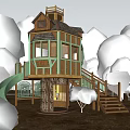 Wooden Treehouse With Multiple Levels Balcony Staircase And Green Slide In Natural Outdoor Setting