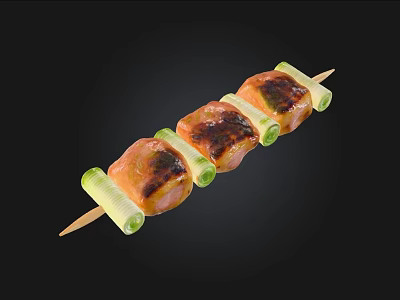 Grilled Meat Skewer with Charred Meat Pieces and Green Scallion Segments on Bamboo Stick 3d model