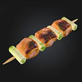 Grilled Meat Skewer with Charred Meat Pieces and Green Scallion Segments on Bamboo Stick
