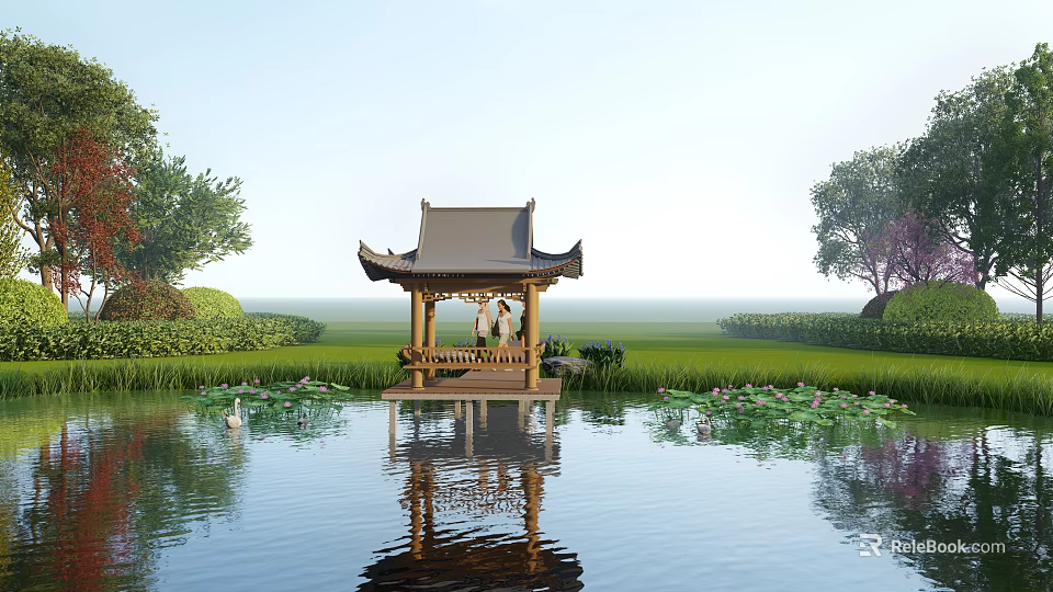 Chinese Style Pavilion on Water Surface With Lotus Flowers and Two People Reflection 3d model 