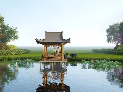 Chinese Style Pavilion on Water Surface With Lotus Flowers and Two People Reflection 3d model