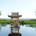 Chinese Style Pavilion on Water Surface With Lotus Flowers and Two People Reflection