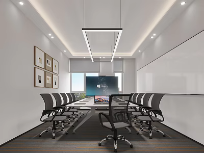 Modern Conference Room Interior With Long Table Ergonomic Chairs Display Screen And Framed Paintings 3d model