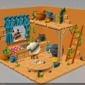 Cute Cartoon Indoor Scene With Blue Cow Curtain Wooden Shelves Round Table And Vine Plants
