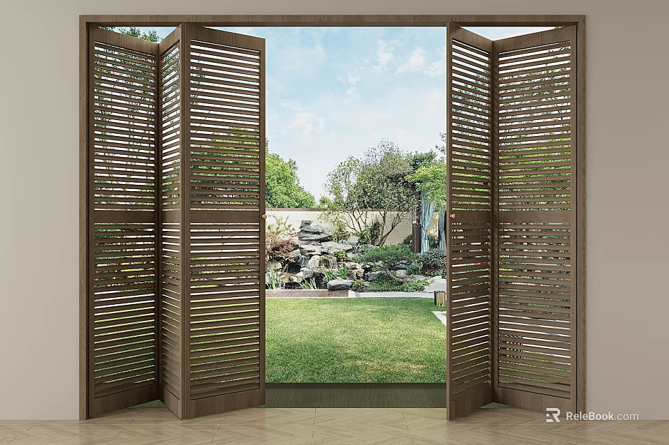Wooden Louvered Folding Door With Outdoor Garden View 3d model 
