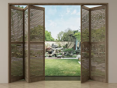 Wooden Louvered Folding Door With Outdoor Garden View 3d model