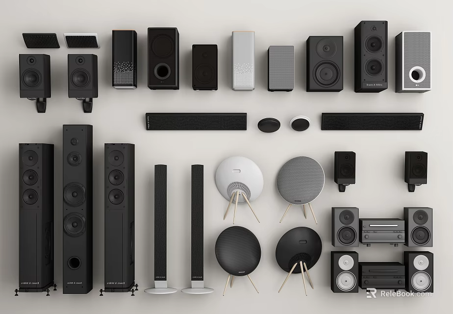 Modern Home Audio Speakers Collection With Floor Standing Bookshelf And Soundbar Designs 3d model 