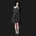 Woman In Stylish Black Polka Dot Dress With White Collar Black Hat And White Socks